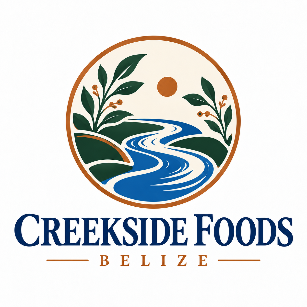 Creekside Foods Belize — blue creek, green leaves and copper sun